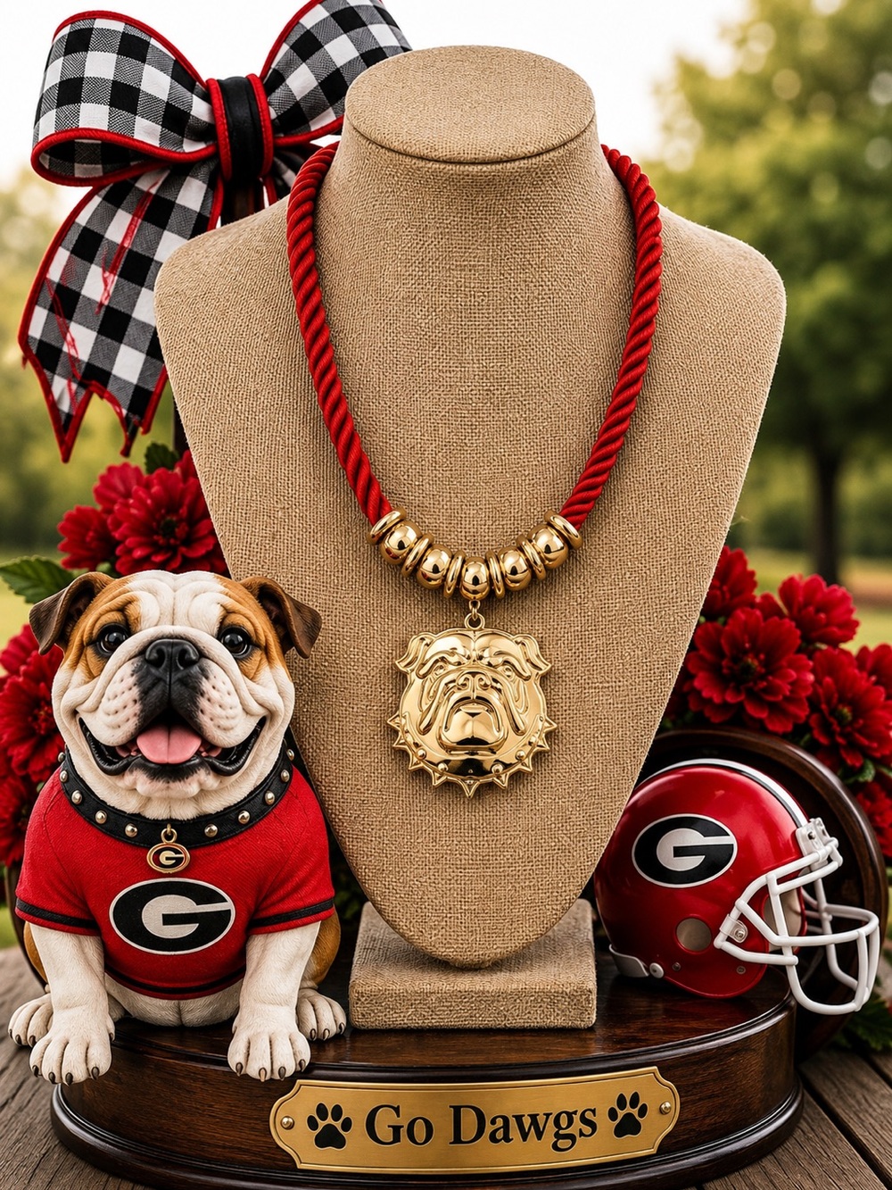 Georgia Bulldogs Red Rope Necklace, UGA Bulldog Statement Necklace, Gold Bulldog